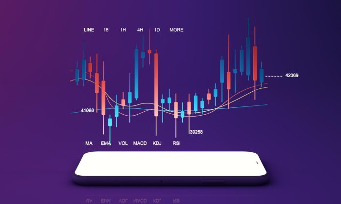 digital-currency-gold-coins-it-is-enclosed-around-digital-currency-chart-with-bars-alternating-up-and-down-with-smartphone-screen-in-purple-background-3d-render